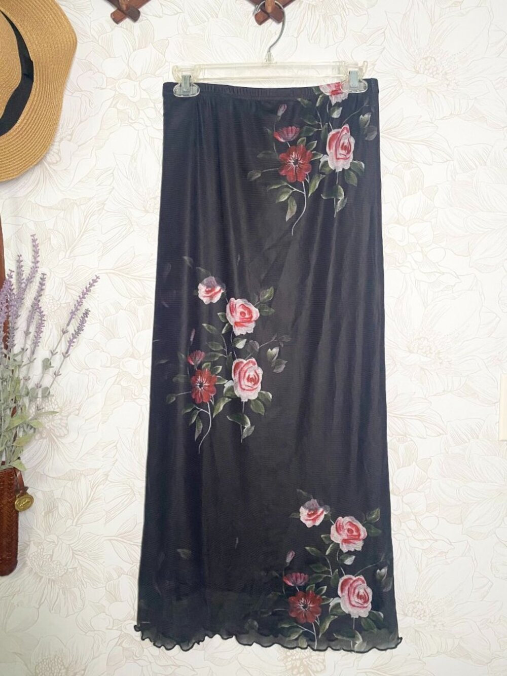 Cider Black Floral Mesh Midi Skirt With Elastic Waistband & Scalloped Hemline Si